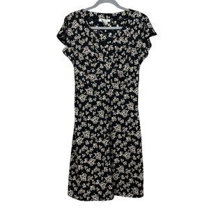 Nine West Womens Fit & Flare Floral Dress Cap Ruffled‎ Sleeve Black Brown Size M